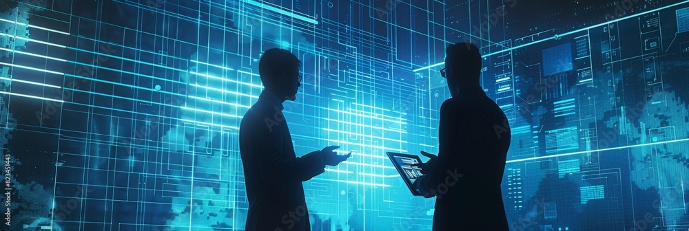 Poster using a digital tablet computer in the office of a telecommunications company, a project manager and