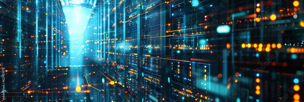 Poster a data technology centre with server racks and vfx in a dark room. detailed visualization concept of
