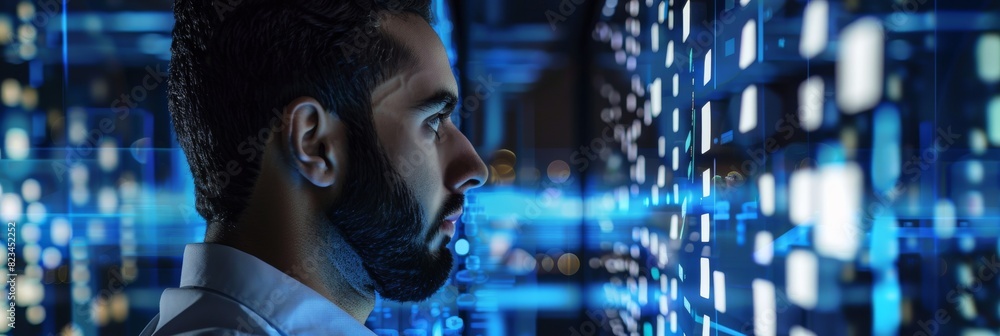 Poster in dubai, a smart, focused middle eastern programmer works on a computer in an advanced corporate of