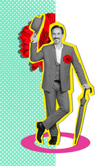 Vertical photo collage of happy man hold hat umbrella red gerbera flower spring season wear stylish...