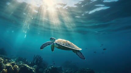 Chelonia mydas - Sea turtle swimming in the ocean with sun light on the surface. Beautiful panorama view of underwater.