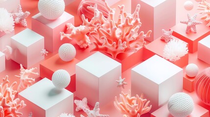 Coral background with polygon web that analyzing data on Coral and square pieces with Coral elements