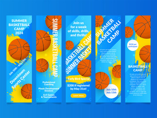 Summer basketball camp sport professional coaching flyer design template set vector