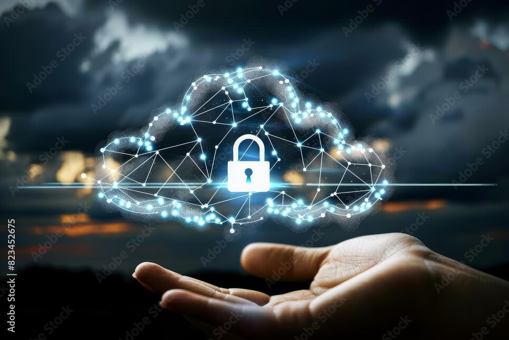 Poster hand presenting a digital cloud padlock, representing secure data storage and advanced cybersecurity