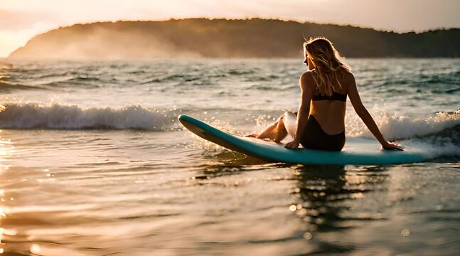 Surferin liegt auf Surfbrett im Meer und entspannt sich