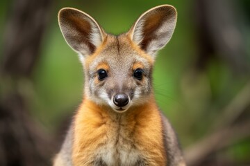 High-definition image capturing the detailed facial features of a juvenile wallaby against a blurred natural backdrop