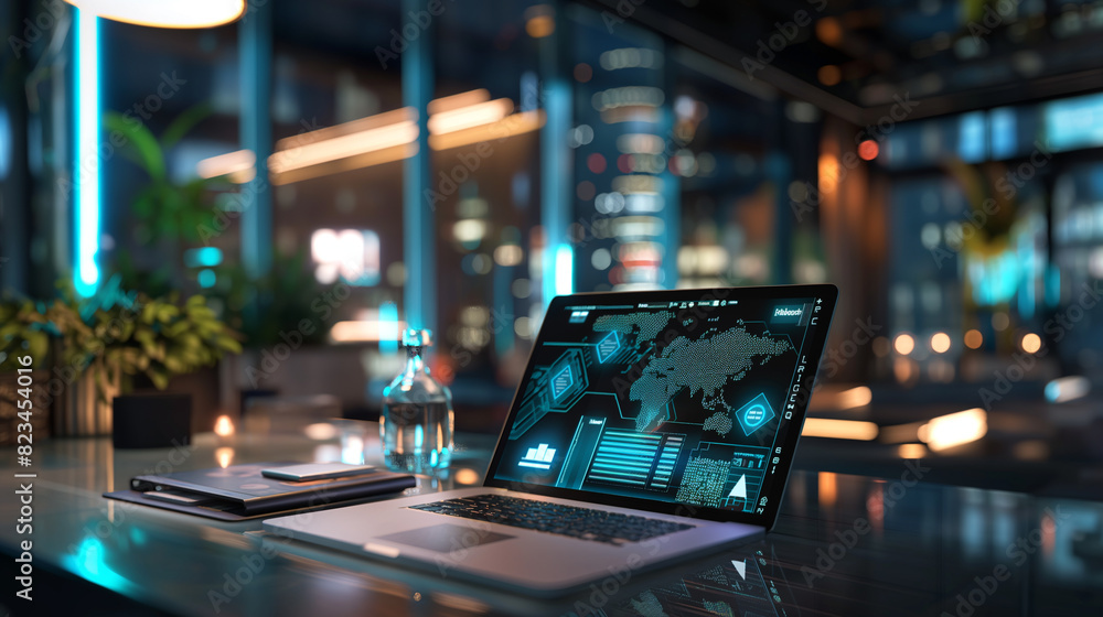 Poster digital business management system virtual display over a laptop in modern office, futuristic software technology, internet data connectivity 