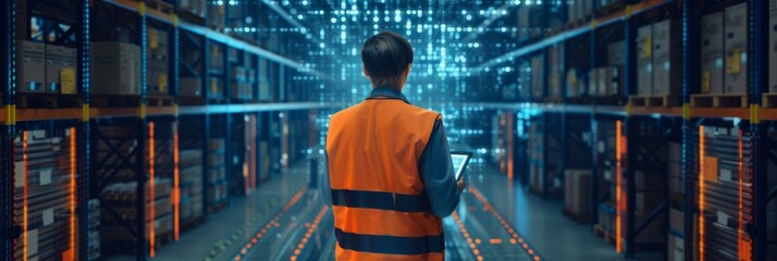 A worker in a high visibility vest uses an Augmented Reality application to monitor efficiency in a warehouse with automated belt conveyors for sorting retail orders. VFX visualization.