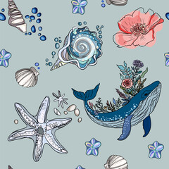 Marine pattern. Fish, anchor, octopuses, sharks, whales. Vector seamless pattern with decorative sea elements. Vintage background