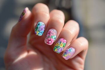 A Woman's Hand With Flowers Painted On Her Long Nails Spring Themed Nail Art Clean Background Nail Salon