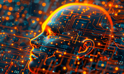 Futuristic AI Mind: Cybernetic Human Head Glowing Circuit Maze - Technology Innovation, Digital Brain Concept