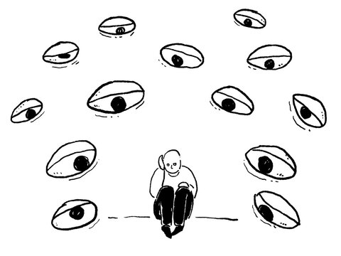 視線に怯える男性、モノクロ