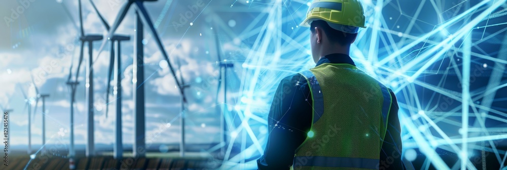 Poster engineers design 3d wind turbine parks using augmented reality software for smartphones. specialists