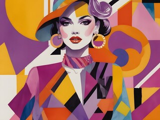 A fashion illustration in the style mix of bold graphic illustrations and watercolor, posing for the camera colorful shapes and curves in orange, pink, purple and yellow colors. Generative AI