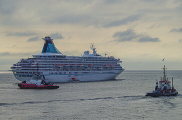 Luxury German cruiseship cruise ship ocean liner Artania sail away departure from Bremerhaven,...