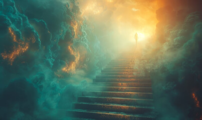 Man Ascending Mystic Stairs Into Luminous Sky, Symbolizing Quest, Discovery, and Personal Growth at Twilight