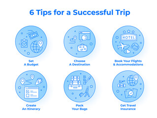 Tips for successful trip travel tourism guide circle badge with line elements set vector flat