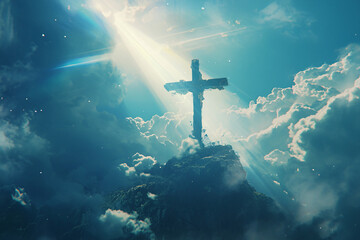 cross standing on a hilltop with sunrays breaking through the clouds, creating a dramatic and serene scene