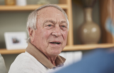Face, senior man and conversation in nursing home for help, support or medical rehabilitation....