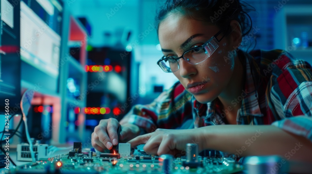 Poster an ethnically diverse industrial engineer develops a 3d-model of a circuit motherboard using compute
