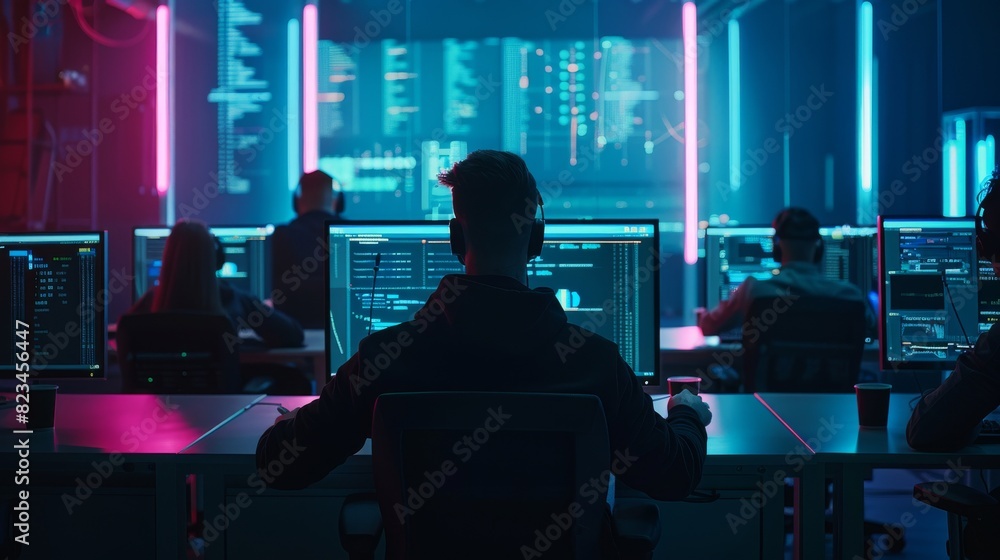 Poster diverse software engineering team in a cyber security artificial intelligence company. web engineers