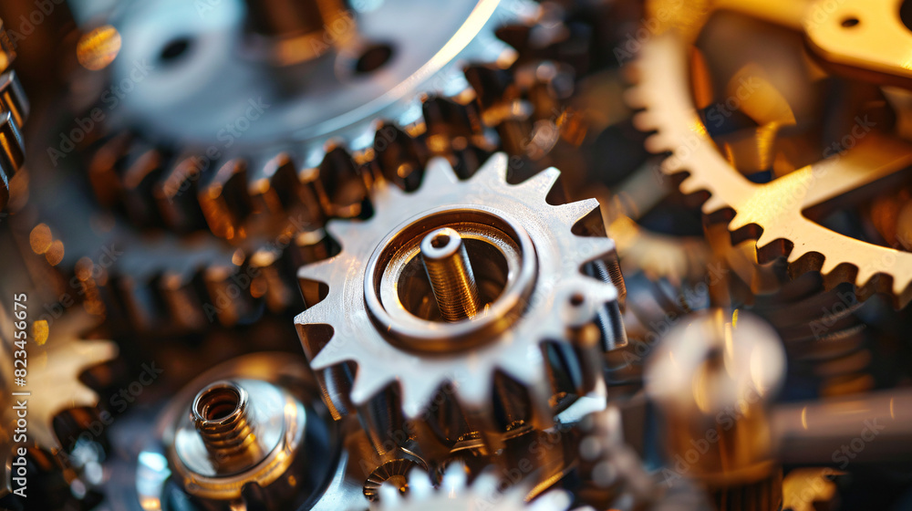 Poster close up of interlocking gears. close up image of multiple interlocking metallic gears, ideal for ba