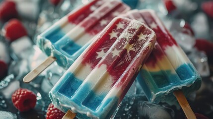 Independence day patriotic ice cream, popsicle on stick in american flag colors. Generative AI