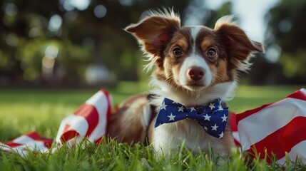 Purebred puppy in bow tie and with American flag on green grass, independence day. Generative AI