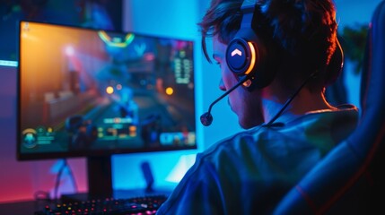 An online eSport tournament is being played by a professional gamer on a computer. He speaks with his teammates through headphones in a neon-colored room.