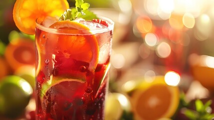 Summer cocktail with red wine and tonic on tropical background. Generative AI