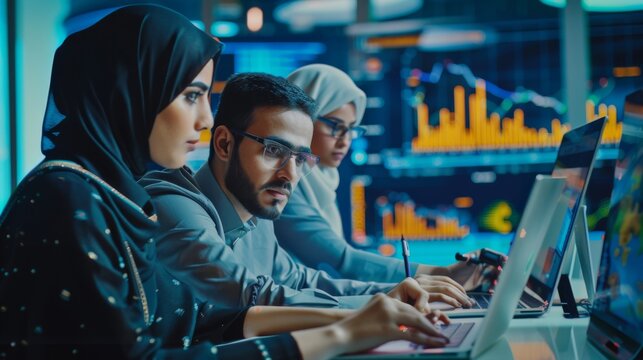 A Middle Eastern woman and a Middle Eastern man working in a software development company, updating economic strategy based on financial market news and trends.