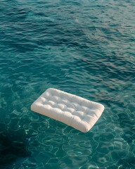 White mattress floats on calm ocean waters, creating a surreal and tranquil scene, drone view