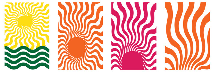 Groovy retro abstract sun and mountain backgrounds. doodle shapes in trendy naive hippie 60s 70s style. Square wavy vector illustration in yellow colors