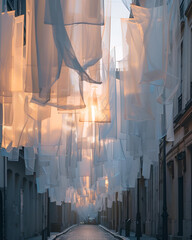 houses in the narrow street of the old town, white transparent fabric decorations are hanging between buildings. Sunset