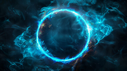 Abstract Neon Energy Sphere of Particles and Waves of Magical Glowing Blue Fire on a Dark Background, Circle and Loop Frames with Electric Blue Flame and Sparks