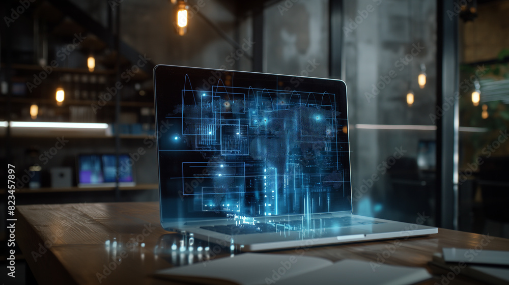 Aufkleber digital business management system virtual display over a laptop in modern office, futuristic softwa
