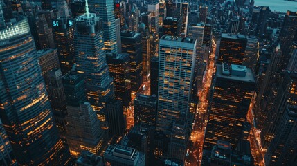 Obraz premium New York City, USA - May 15 2023: Night view of Financial Business District from a helicopter. Illuminated skyscrapers and historic office towers.
