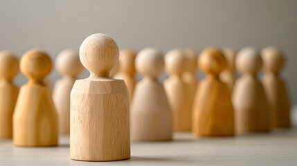 Standing out from the crowd. Wooden pawn standing out from the crowd, concept of leadership, uniqueness, and individuality.