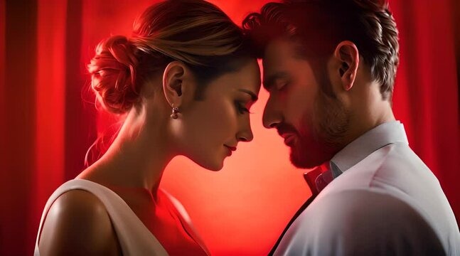 Verliebtes Paar z&auml;rtlich vor rotem Hintergrund