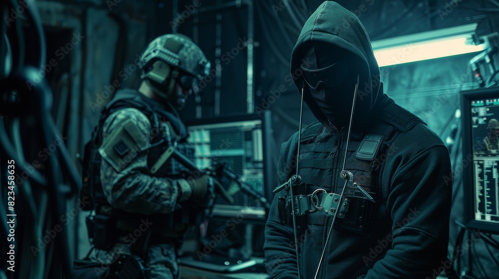 Aufkleber hacker in handcuffs is guarded by fully armed special forces soldiers in hacker's hideout basement w
