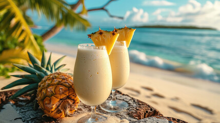 sea view beach minimal Two drink glass summer pineapple cocktails with slice banner background copy space area