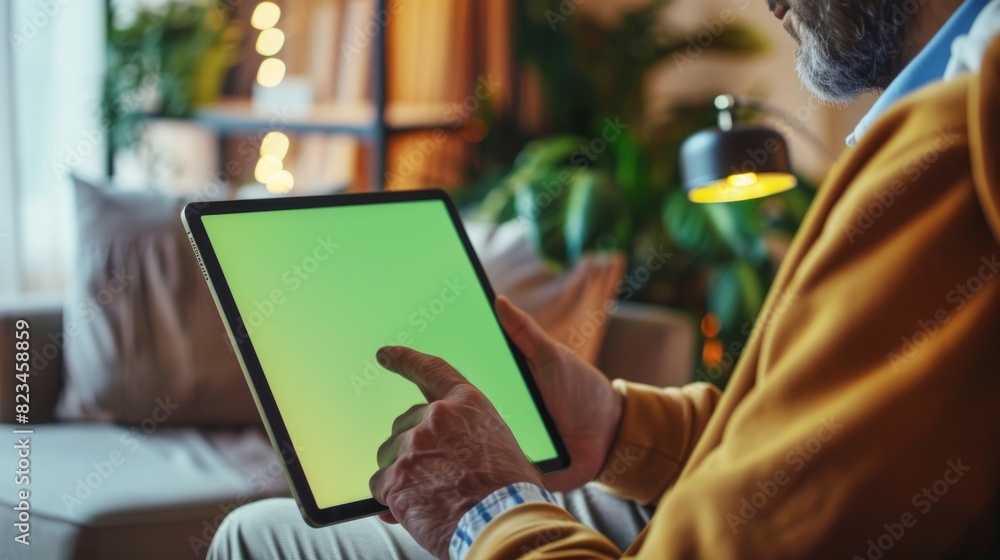 Poster using hand gestures on green mock-up screen digital tablet computer while sitting at his desk. in th