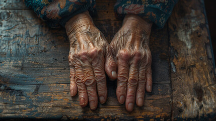 Two hands, one wrinkled and one smooth, intertwined on a worn wooden table, symbolizing a love that transcends time.