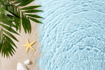 Tranquil beach scene with starfish and palm leaves, ideal for travel ads, relaxation themes, and nature blogs