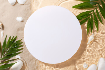 Tropical beach scene with a blank round mockup, perfect for product display, branding, and promotional materials