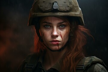 Portrait of a young female soldier with a focused gaze, wearing a helmet in the rain
