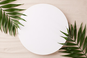 White circle mockup on sandy beach with palm leaves, great for branding, design presentations, and nature themes