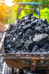 Coal export concept with wagon on blurred background, ideal for strategic text placement