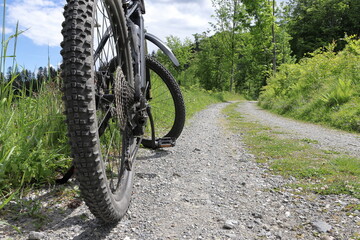 Detail of a standing bicycle at the edge of a forest path. Focused on the bike. Gravel road in the...