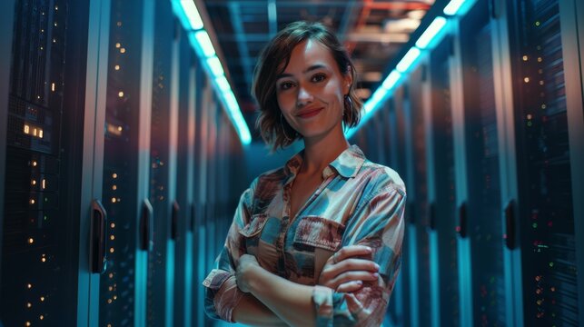 An IT specialist stands at a camera next to server racks in a data center, her arms crossed, and smiles at the camera.
